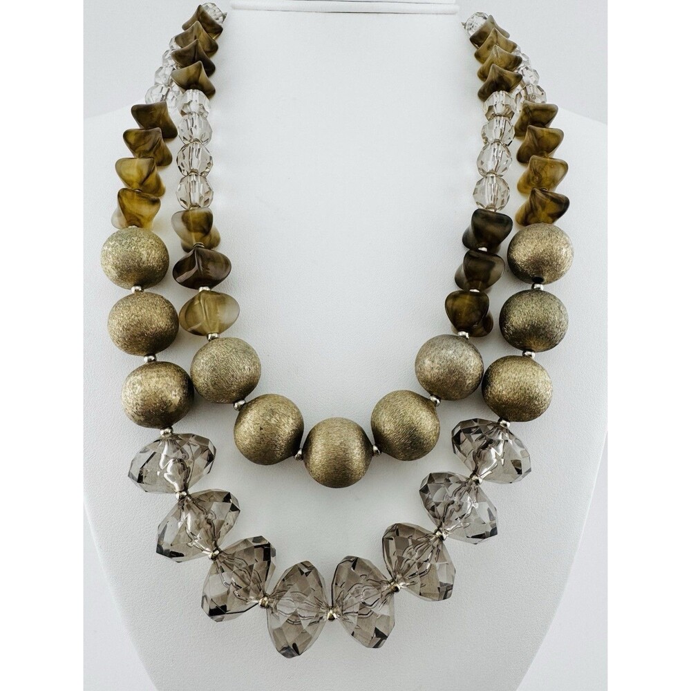 Chicos Statement Necklace Gold Tone Faceted Crystal Beads Bold Double Strand